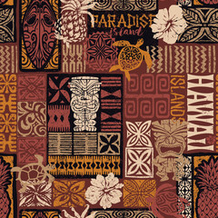 Hawaiian style tribal motif fabric patchwork abstract vintage vector seamless pattern  - obrazy, fototapety, plakaty