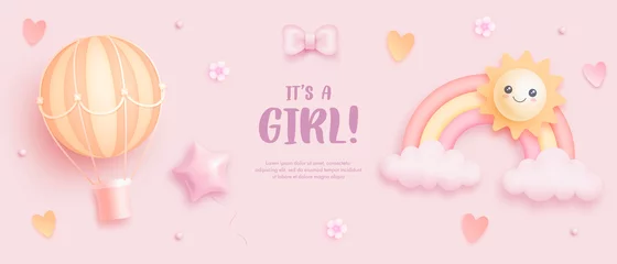 Papier Peint photo Lavable Montgolfière Baby shower horizontal banner with cartoon rainbow, sun, hot air balloon, hearts and flowers on pink background. It's a girl. Vector illustration