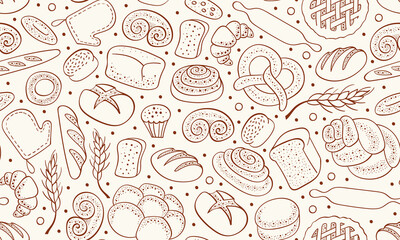Hand drawn bakery seamless pattern. Horizontal border with food doodles. Vector illustration.