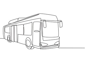Single continuous line drawing city buses serving commuter employees and school students depart from their homes to their respective destinations. One line draw graphic design vector illustration. © Simple Line