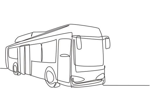 Single continuous line drawing city buses serving commuter employees and school students depart from their homes to their respective destinations. One line draw graphic design vector illustration.
