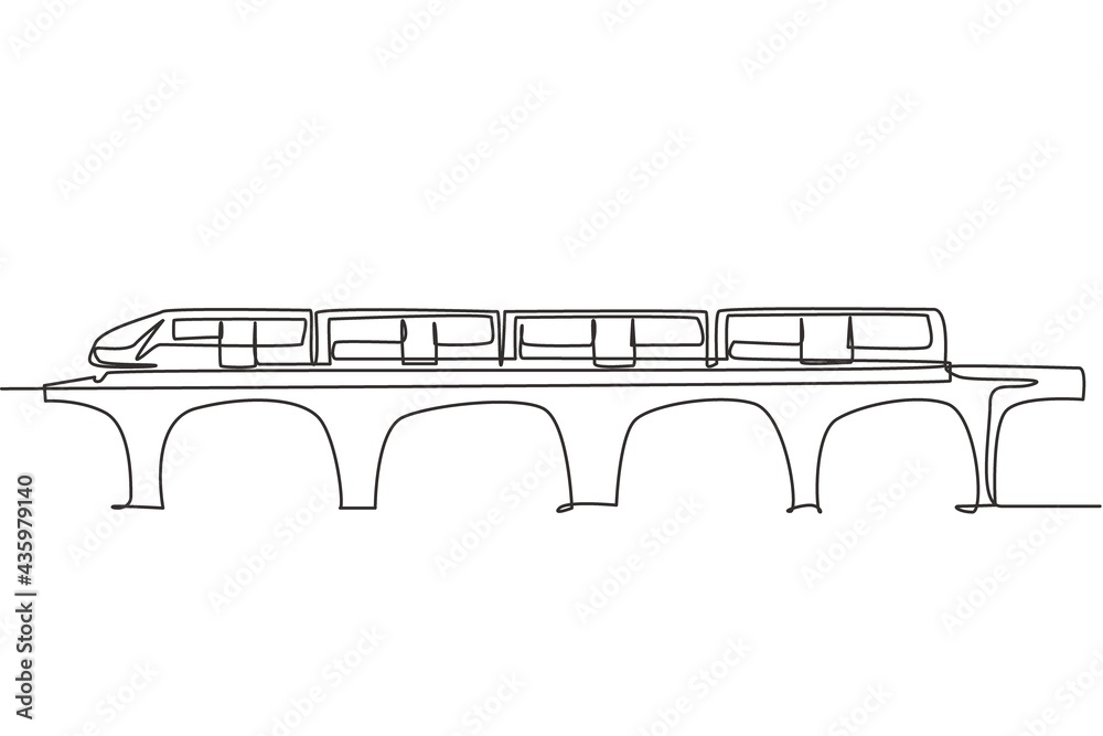 Wall mural single one line drawing of the bullet train that is passing on the bridge goes fast to deliver the p - Wall murals