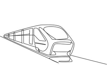 Single one line drawing of train seen from the front prepares to carry passengers quickly, safely and comfortably to their destination. Modern continuous line draw design graphic vector illustration. - obrazy, fototapety, plakaty