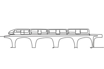 Single one line drawing of the bullet train that is passing on the bridge goes fast to deliver the passengers at the destination station. Modern continuous line draw design graphic vector illustration