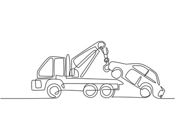 Fototapeta na wymiar Continuous one line drawing tow truck is lifting the broken car to be lifted onto it using the crane. The car was damaged in a traffic accident. Single line draw design vector graphic illustration.