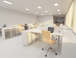 Modern office room evening scene 3D rendering place of work wallpaper background