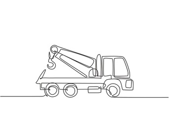 Fototapeta na wymiar Single continuous line drawing the tow truck seen from the side is ready to help the driver whose car is damaged on the highway. Insurance facility. One line draw graphic design vector illustration.