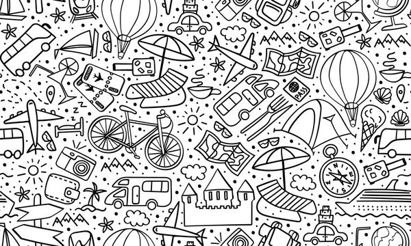 Travel doodles seamless pattern. Vacation print on white background. Vector illustration.
