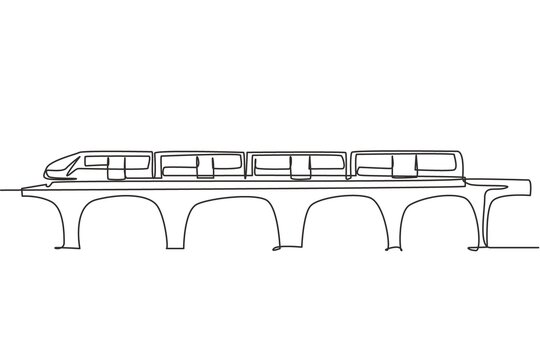 Single One Line Drawing Of The Bullet Train That Is Passing On The Bridge Goes Fast To Deliver The Passengers At The Destination Station. Modern Continuous Line Draw Design Graphic Vector Illustration