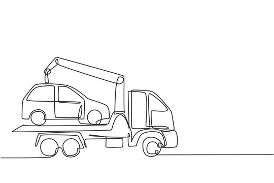 Single continuous line drawing tow truck is transporting a broken car on top of it with a crane. The car is taken to the garage for service. Dynamic one line draw graphic design vector illustration.