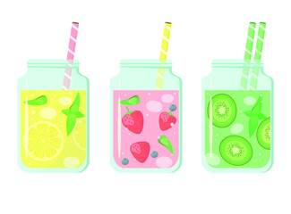 Set of berry and fruit lemonades. Cooling summer drinks.