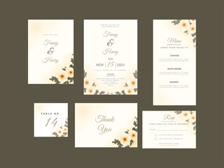Wedding Suite Template Set Decorated With Floral On Brown Background.