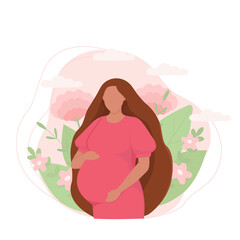 A pregnant african woman on a background of leaves. The concept of health, motherhood, and preparation for childbirth. Vector illustration in flat style in pink and green colors, template