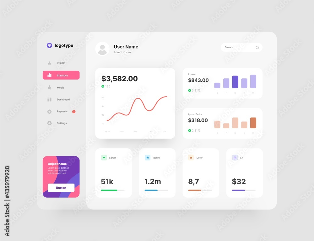 Fototapete Dashboard Design. App interface with UI and UX elements. Use design for web application, desktop app or website.