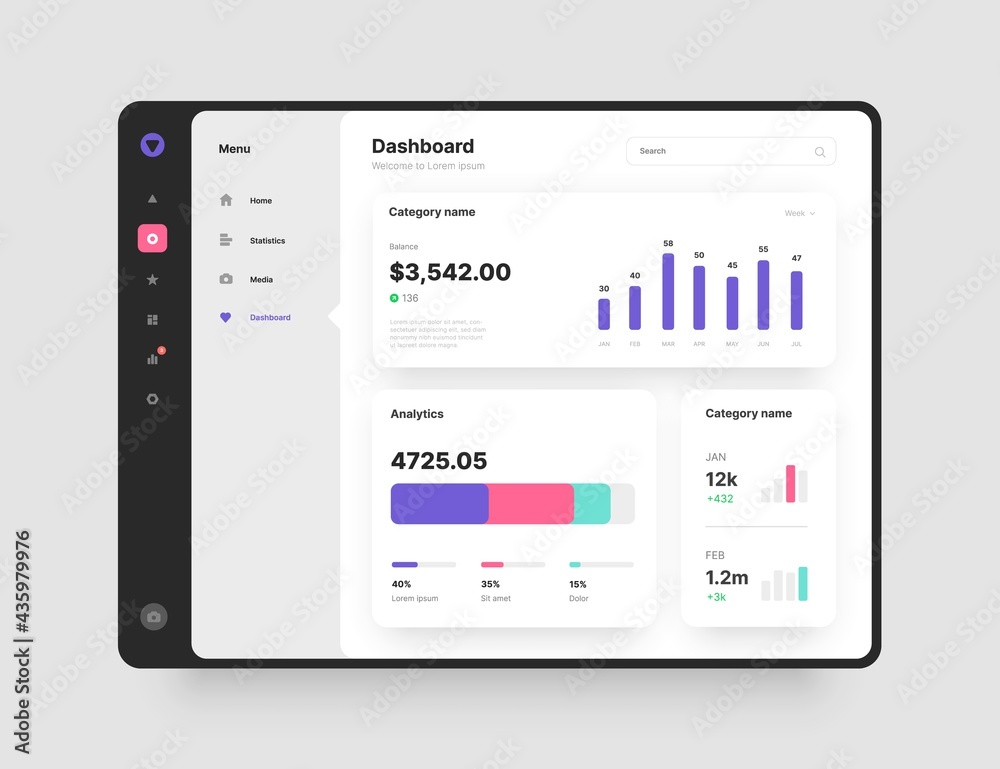 Fototapete Dashboard Design. App interface with UI and UX elements. Use design for web application, desktop app or website.