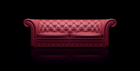 Red leather chester sofa on reflective black background. 3d rendering - obrazy, fototapety, plakaty