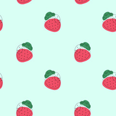 Seamless pattern with strawberry on blue background. Continuous one line drawing strawberry. Black line art on blue background with colorful spots. Vegan concept