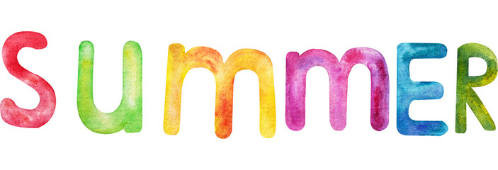 multicolored lettering "summer", written in watercolor. Handwritten lettering with watercolor paint. Watercolor illustration of the word "summer".