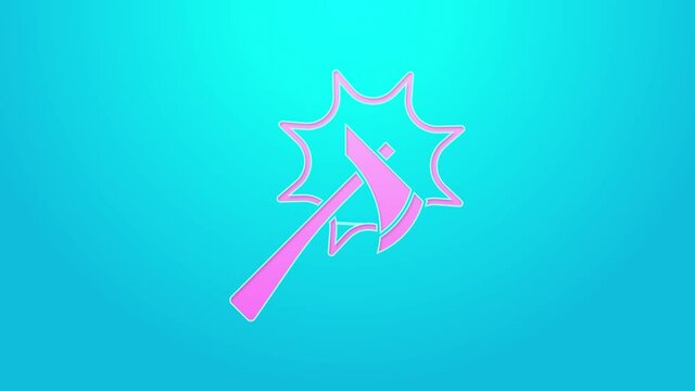 Pink line Firefighter axe icon isolated on blue background. Fire axe. 4K Video motion graphic animation