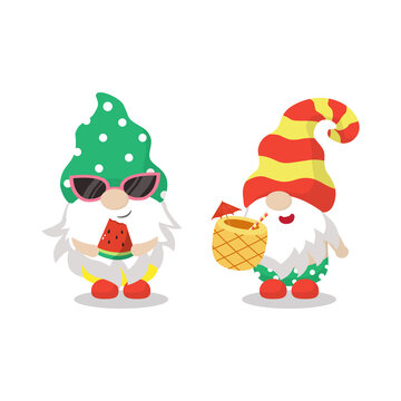 Cute gnomes enjoy summer with watermelon and pineapple drink. Holiday clipart decoration. Flat vector cartoon style