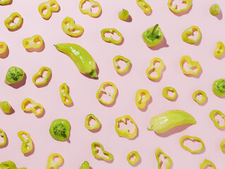 Pattern with green hot peppers whole and cut into slices isolated on a pastel pink background. Creative food concept. Flat lay, top view with summer trend shadows. 