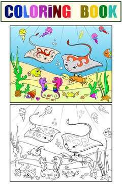 Set of coloring book and color picture. Underwater world. Tutorial, example of colors.