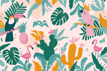 Tropical seamless pattern with toucan, flamingos, parrot,  cactuses and exotic leaves. Vector