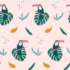 Obraz premium Tropical seamless pattern with toucan, exotic leaves. Vector