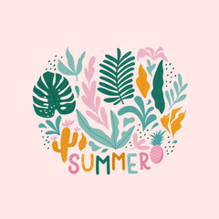 Summer holiday cards. Hand drawn beautiful posters with  cactuses, pineapple, exotic leaves, monstera in trendy style. Vecto