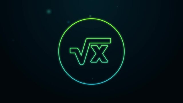 Glowing neon line Square root of x glyph icon isolated on black background. Mathematical expression. 4K Video motion graphic animation