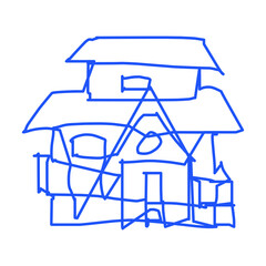 House icon of rough line art, one line, blue 23