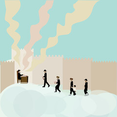 Ashkenazi Jews, Haredi followers of Torah, come to the rabbi. Bring him food, wine, the boy and a lamb.
Against the background of the walls of Jerusalem. Marching on clouds.
Surrealist vector drawing.