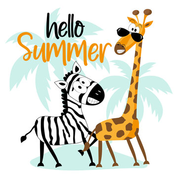 Hello Summer- cartoon zebra and giraffe on island. Good for textile print, baby clothes, poster, card, label, travel set and other gifts design.