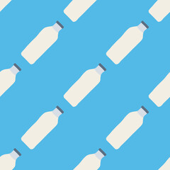 Seamless pattern of milk bottles in hand drawn doodle line style. vector illustration on blue background.