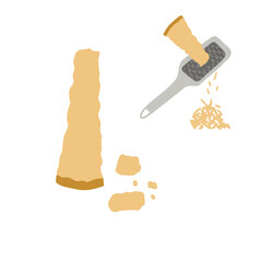 Hand drawn vector illustration of parmesan cheese grated with cheese grater. Isolated on white background.
