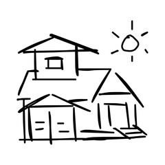 House icon of rough line art, sun, black 22