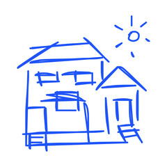House icon of rough line art, sun, blue 23