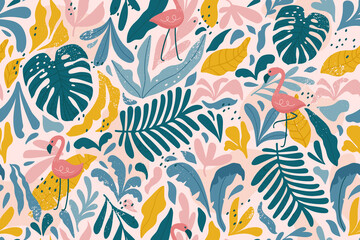 Fototapeta na wymiar Tropical seamless pattern with flamingos, exotic leaves. Vector