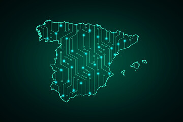 Map of Spain, network line, design sphere, dot and structure on dark background with Map Spain, Circuit board. Vector illustration. Eps 10