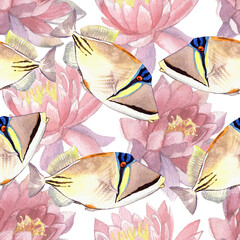 Fish and flowers seamless pattern illustration isolated on white background