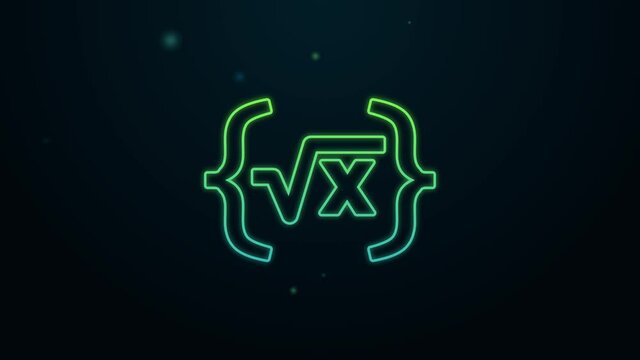 Glowing neon line Square root of x glyph icon isolated on black background. Mathematical expression. 4K Video motion graphic animation