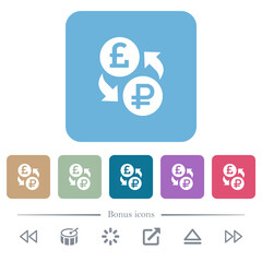 Pound Ruble money exchange flat icons on color rounded square backgrounds