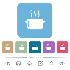 Steaming glossy pot flat icons on color rounded square backgrounds