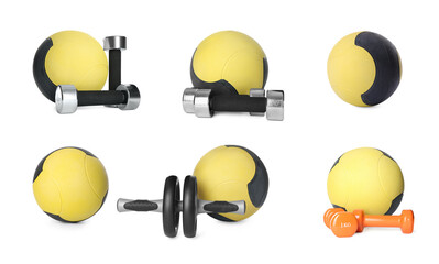 Set with medicine balls and dumbbells on white background