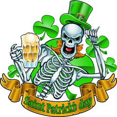 leprechaun skeleton with top hat and beer