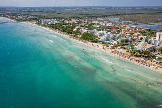An aerial panoramic view of the Playa De Muro on Mallorca island in Spain