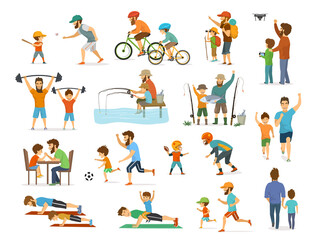 active father and son, man boy play american  football, soccer ball, fly drone, rid bike, fishing, exercise with barbell in gym, arm wrestling running jog, do push ups workout, hike camping walking 