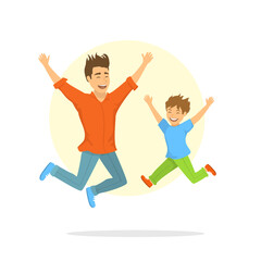 happy excited father and son jumping for joy