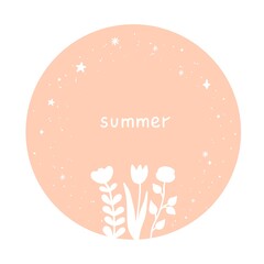 Summer card with cute doodle flowers, sparkles and text 