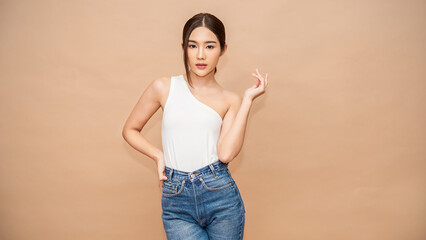 Portrait of young beautiful sexy asian korean woman slim fit body. Isolated of face fashion asian...